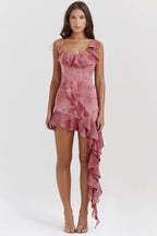 French Vintage Flounce Strap Dress with Irregular Bottom Hem Ribbon