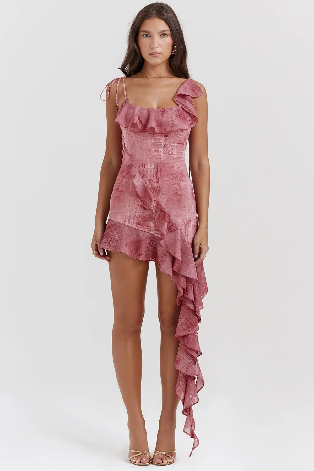 French Vintage Flounce Strap Dress with Irregular Bottom Hem Ribbon