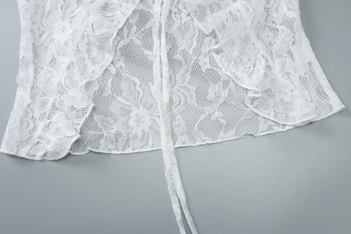 Lace Up See Through Cardigan Top With Ruffle Lace Trim For Women Elegant Retro Inspired Party Top