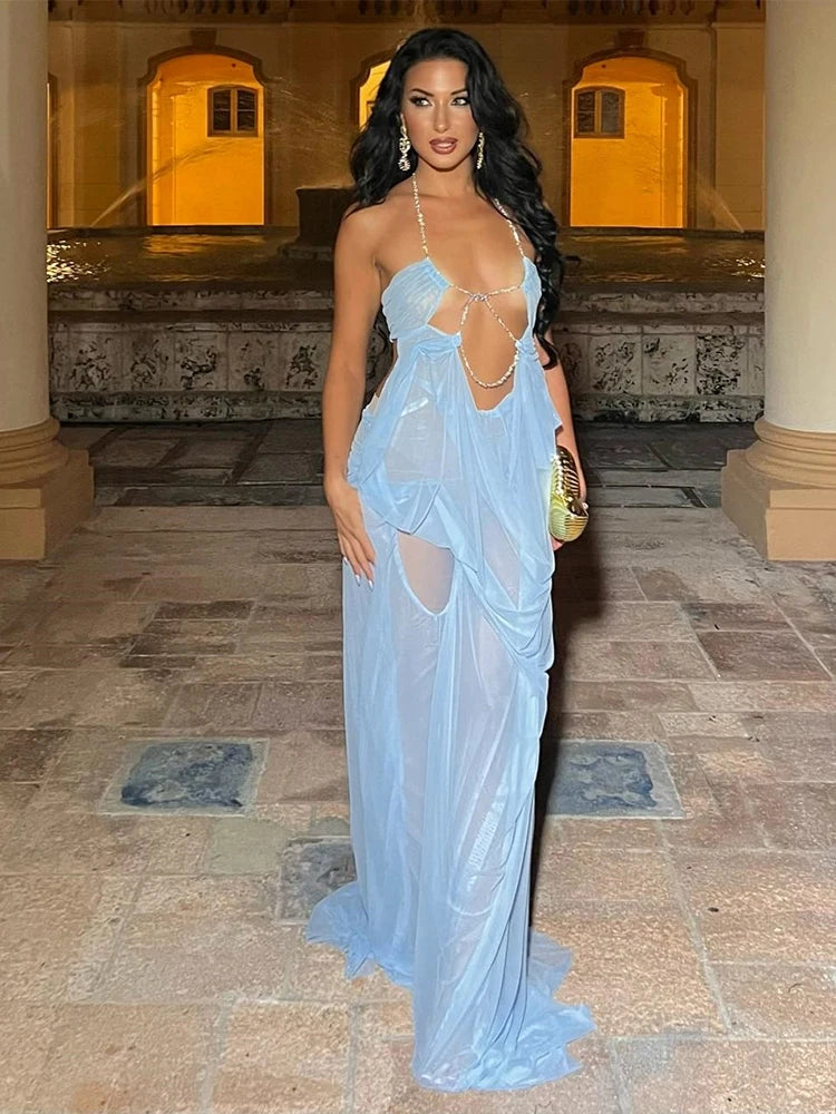 Sheer Halter Gown With Chain Detailing Backless Sleeveless
