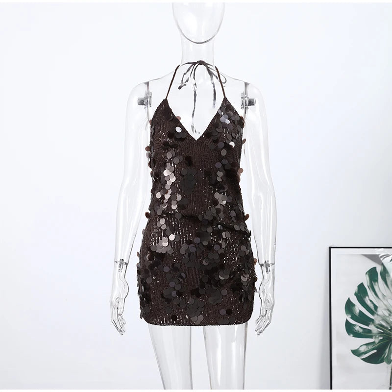 Beaded Sequin Two Piece Set Sleeveless Backless Crop Top And Mini Skirt Glam Outfit