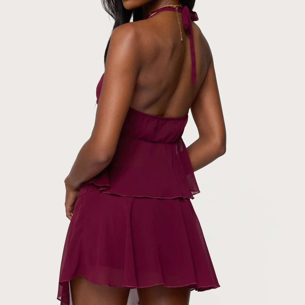 Two piece Halter Set With Sheer Backless Crop Top And Skirt