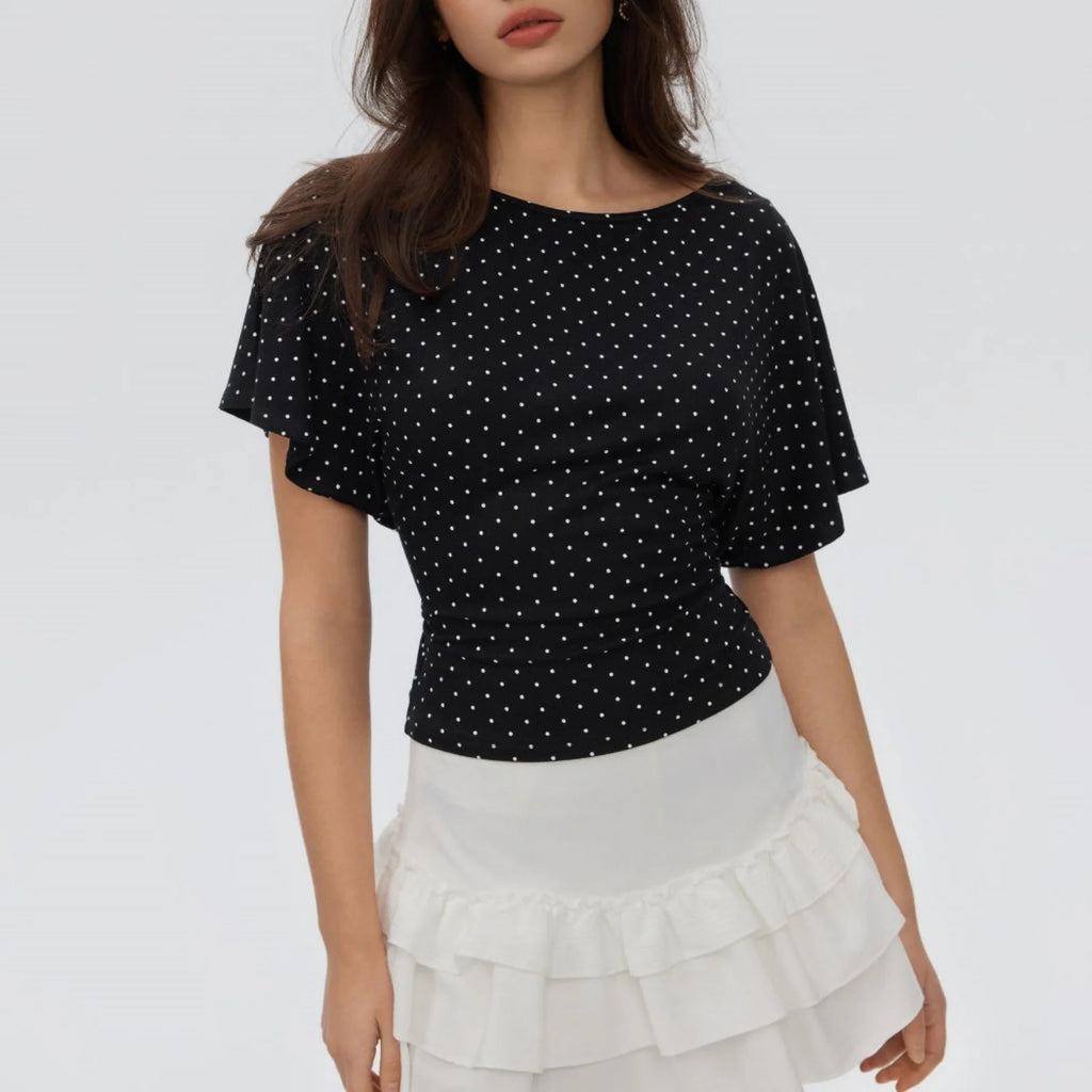 Boat Neck Polka Dot Crop Top With Flutter Sleeves In Loose Fit