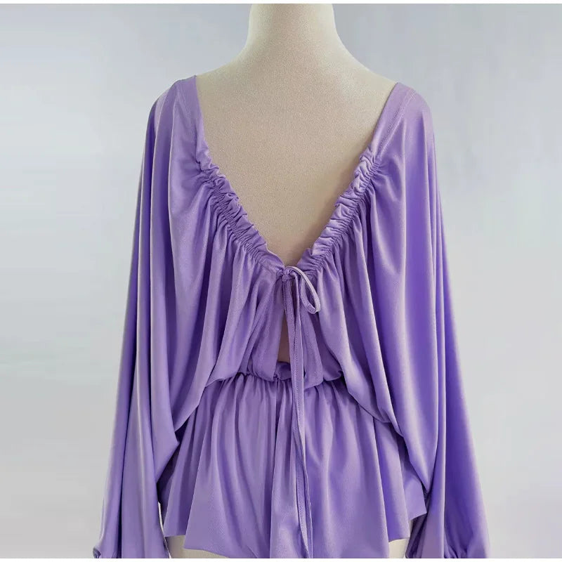 Backless Lace Up Mini Dress With Batwing Sleeves Round Neck Pleated