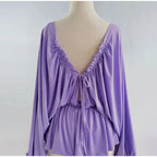 Backless Lace Up Mini Dress With Batwing Sleeves Round Neck Pleated