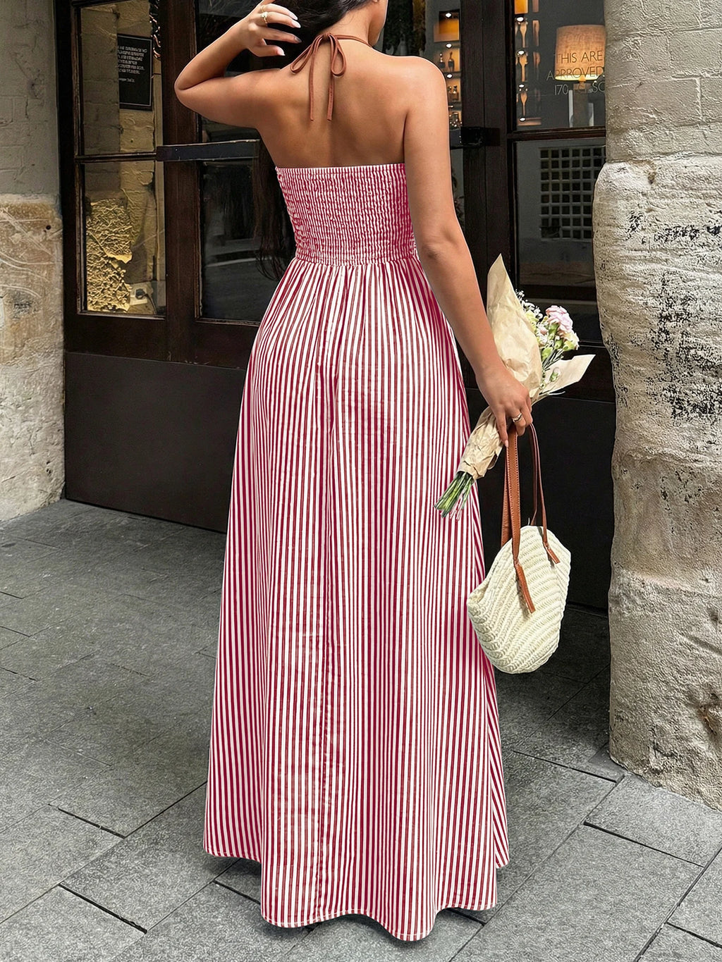 Sea Breeze Striped Deep V Beach Dress With Backless Sleeveless Maxi