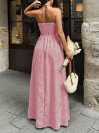 Sea Breeze Striped Deep V Beach Dress With Backless Sleeveless Maxi