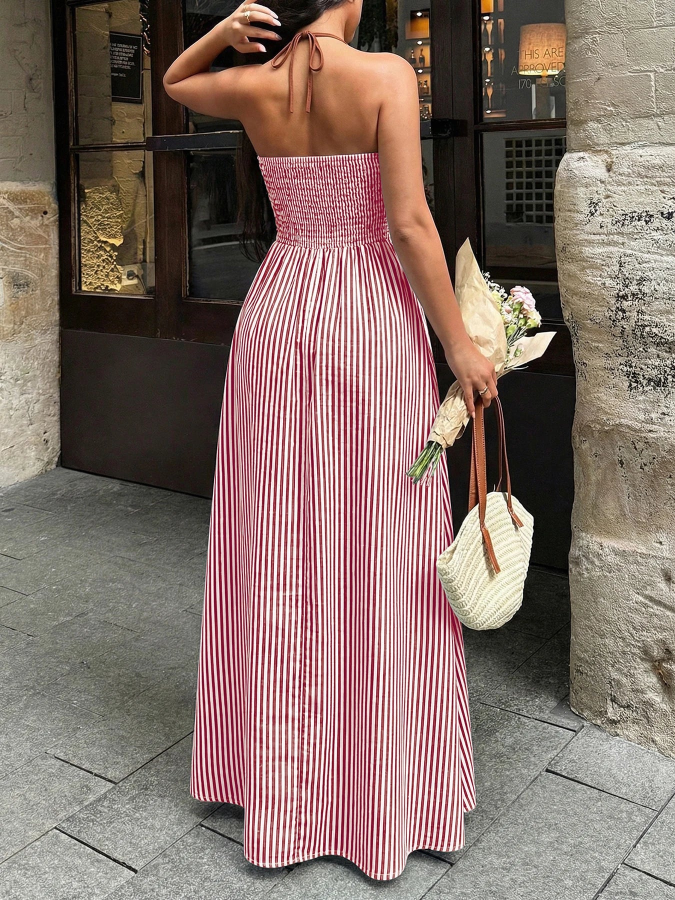 Sea Breeze Striped Deep V Beach Dress With Backless Sleeveless Maxi