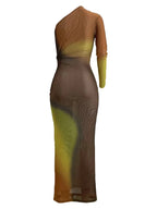 Long Maxi Dress With Skew Collar Full Sleeves Mesh See Through