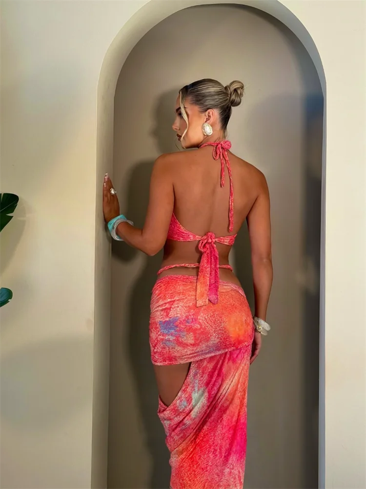 Two Piece Halter Top And Hollow Slash Maxi Skirt Set