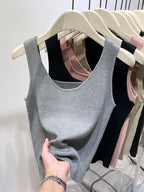 Knitted Strap Top With Clavicle Square Collar