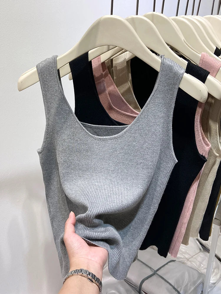 Knitted Strap Top With Clavicle Square Collar