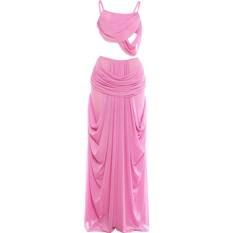 Ruched Set With Backless Camisole Top And Elastic Waist Skirt