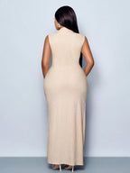 Plus Size High Neck Sleeveless Split Twist Textured Floor Length Knit Dress