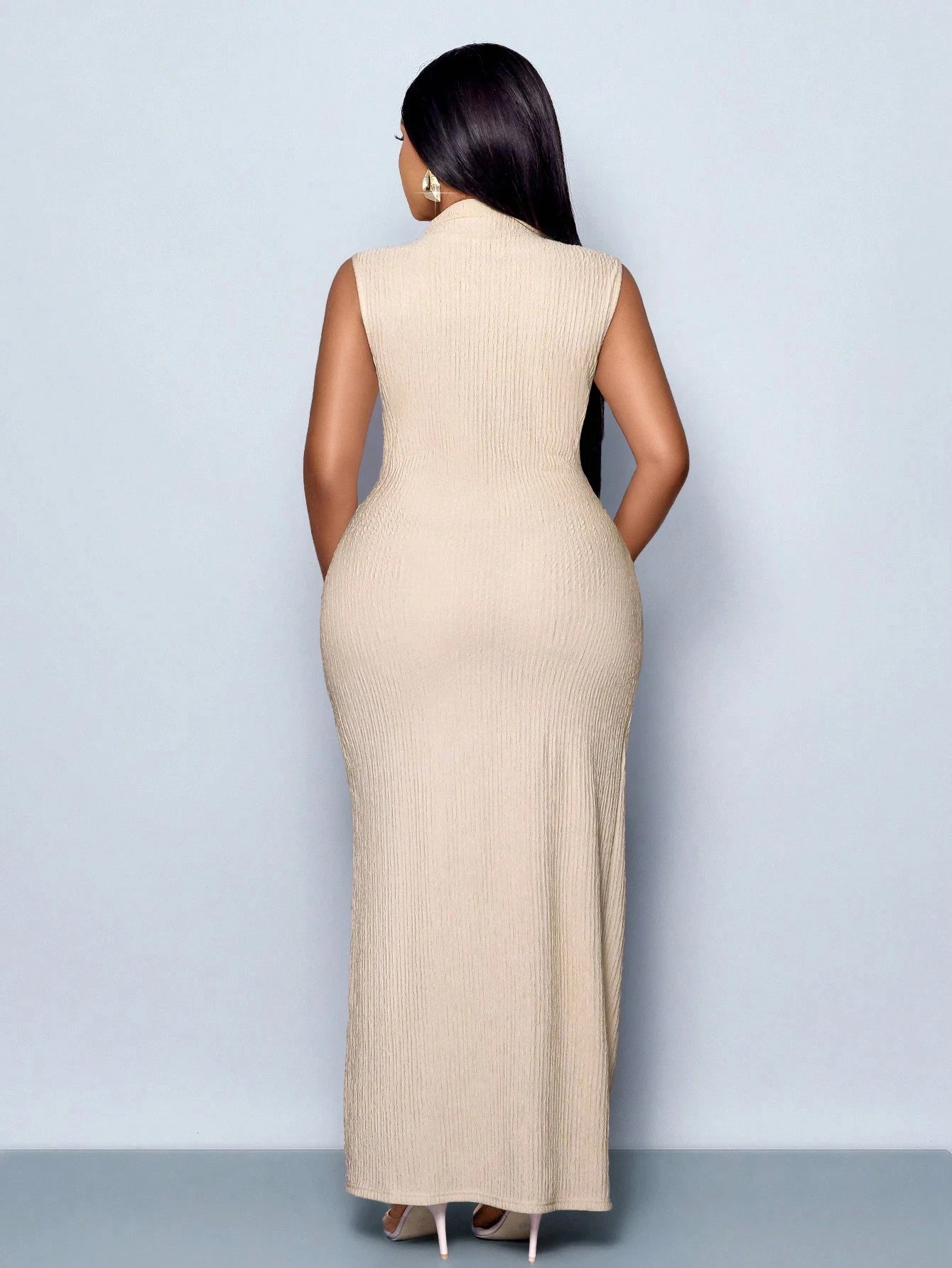 Plus Size High Neck Sleeveless Split Twist Textured Floor Length Knit Dress
