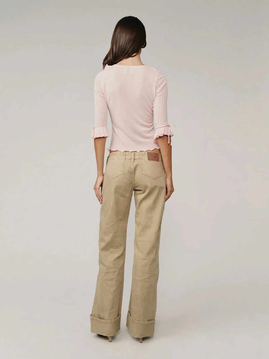 Khaki-colored Washed Low-rise Denim Pants with Rolled Cuffs and Straight-leg Design