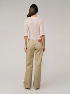 Khaki-colored Washed Low-rise Denim Pants with Rolled Cuffs and Straight-leg Design