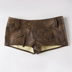 Vintage PU Leather Mini Shorts For Women With Zip Pockets Low Rise