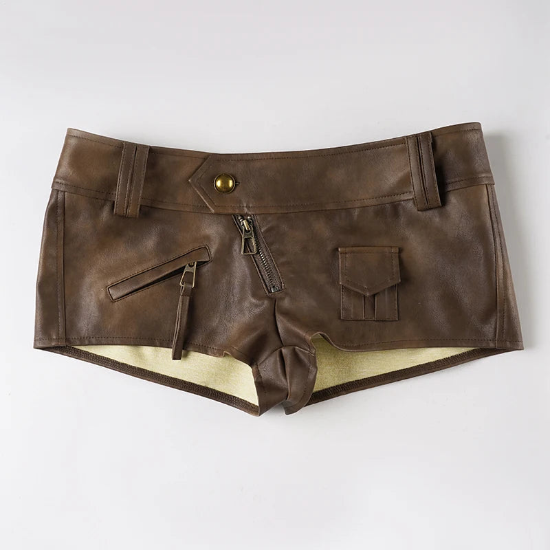 Vintage PU Leather Mini Shorts For Women With Zip Pockets Low Rise