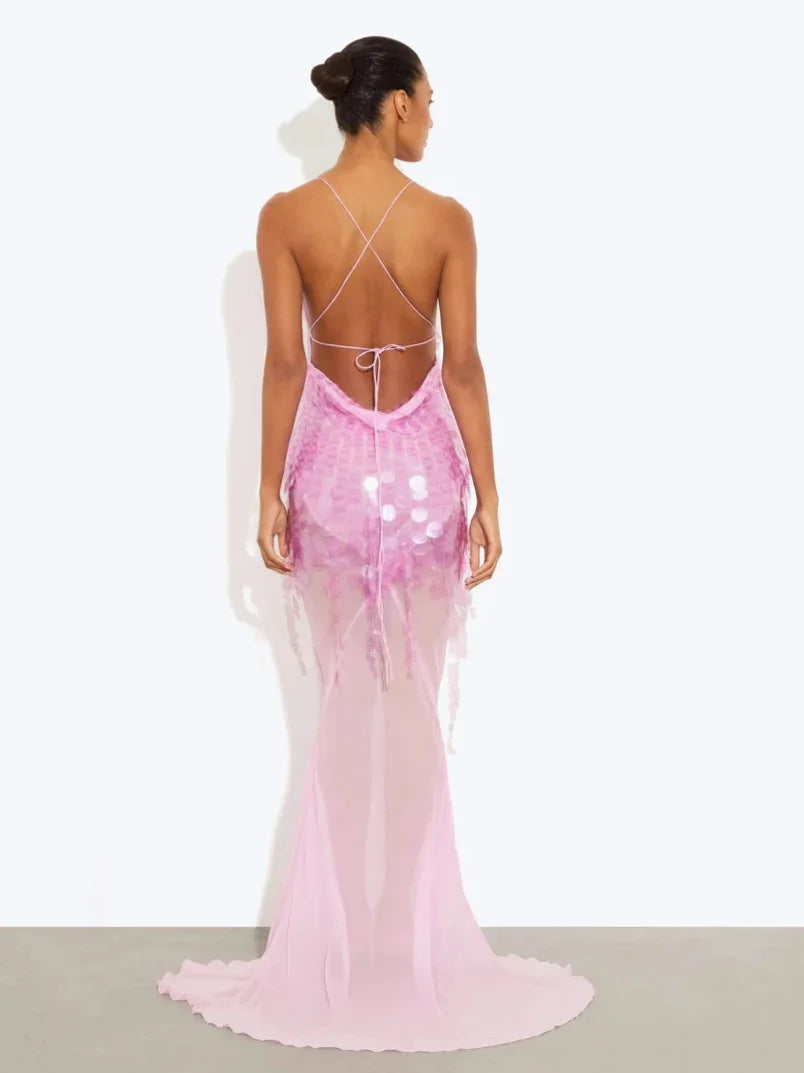Sequin Deep V Neck Mermaid Maxi Dress Backless Sleeveless Lace Up Gown