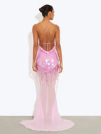 Sequin Deep V Neck Mermaid Maxi Dress Backless Sleeveless Lace Up Gown