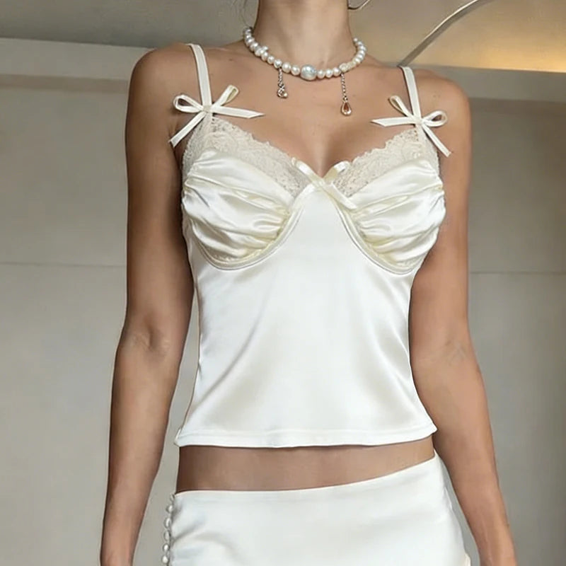 Backless Lace-trimmed V Neck Top Sleeveless Bow Spaghetti Strap Camisole
