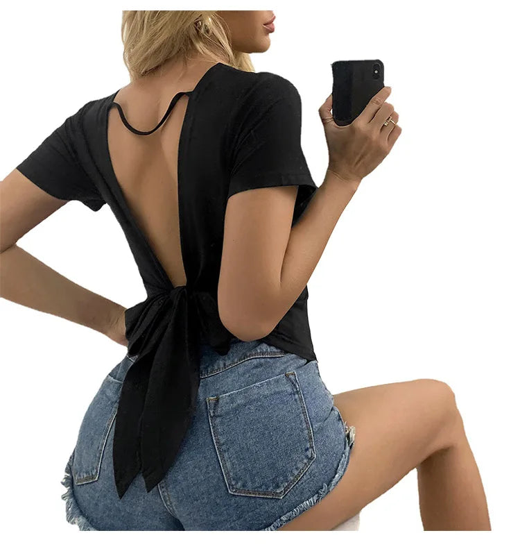 Backless Lace Up Tee With Hollow Out Detailing