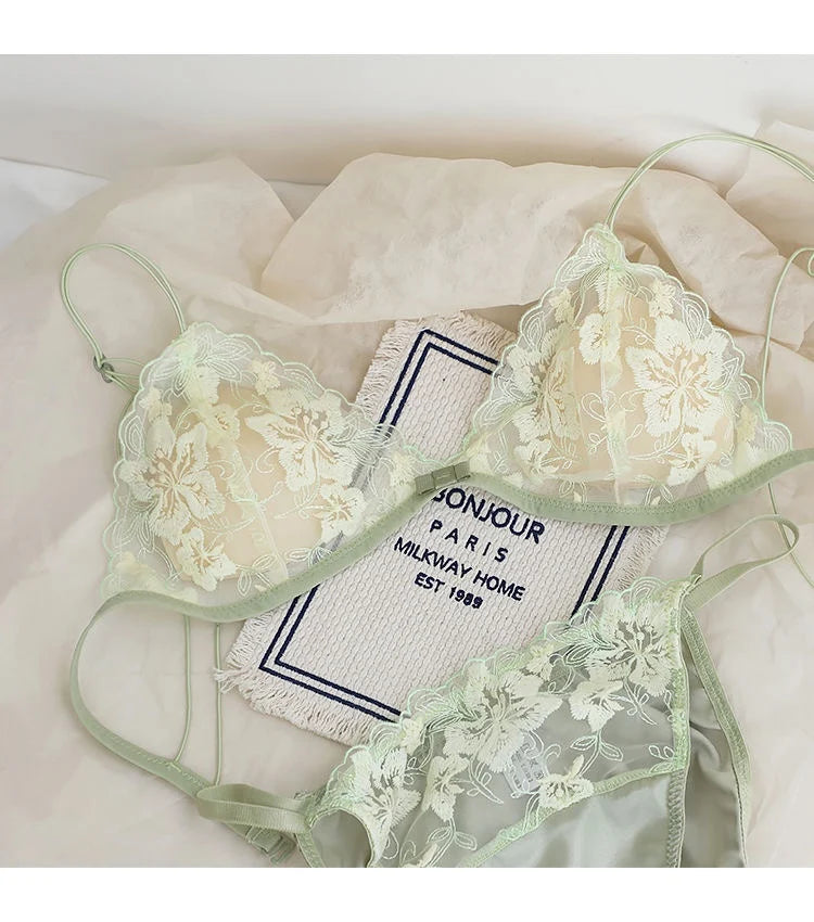 Whisper Lace Wireless Bralette Set In Ultra Thin Embroidered Mesh For Small Busts Delicate Comfort