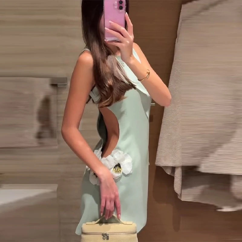 Lady 3D Flower Sleeveless Mini Dress Light Green