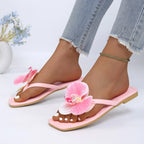 Clip Toe Flower Sandals With Square Front And Comfortable Flat Sole For Summer