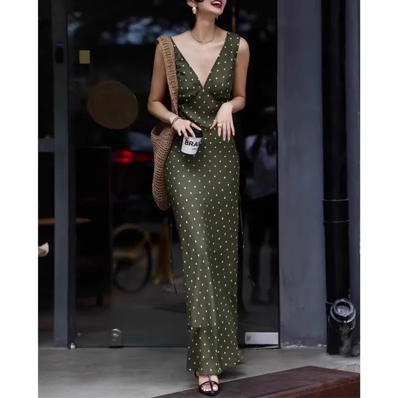 Polka Dot Chiffon V Neck Dress For Women