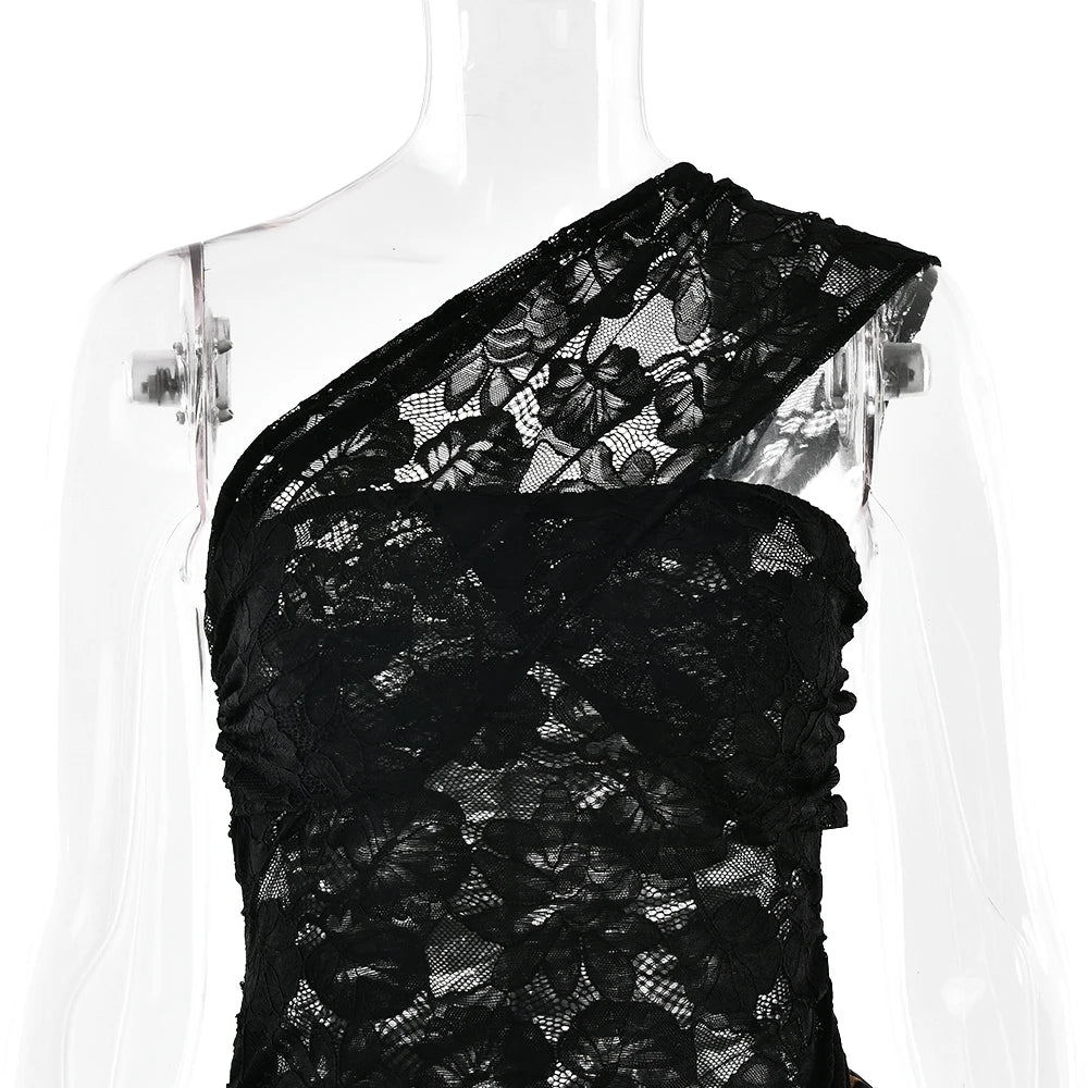 Leopard Patchwork Lace Dress One Shoulder With Ruffle Sheer Elegance