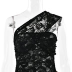 Leopard Patchwork Lace Dress One Shoulder With Ruffle Sheer Elegance