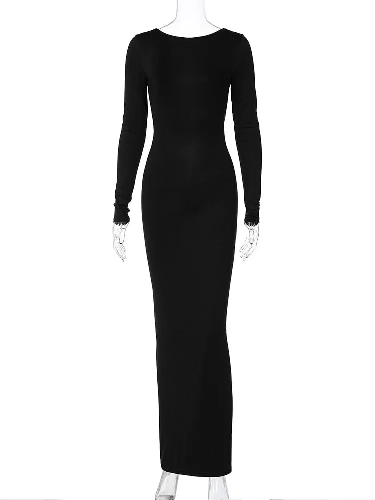 Elegant Backless Long Sleeve Maxi Dress With Bodycon Fit