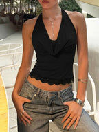 Backless Halter Knit Tank With Lace Up Details And Swing Collar