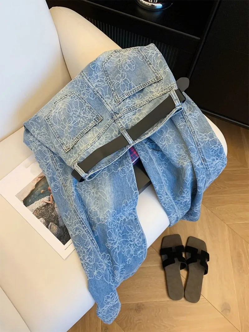 Embroidered Denim Wide Leg Jeans With Loose Fit