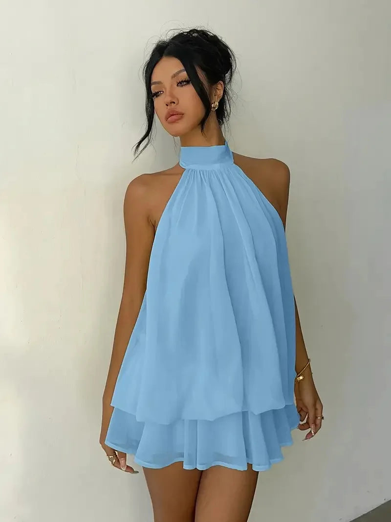 Women's Halter Neck Chiffon Mini Dress - Backless Tie-Front