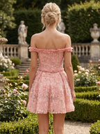 Off Shoulder Floral Embroidery Mini Dress With Delicate Ruffles Sleeveless And Backless