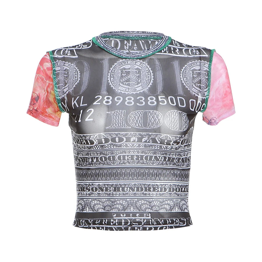 See Through Patchwork Crop Top With Numeral Print Short Sleeves