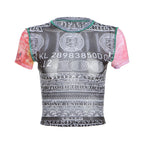 See Through Patchwork Crop Top With Numeral Print Short Sleeves