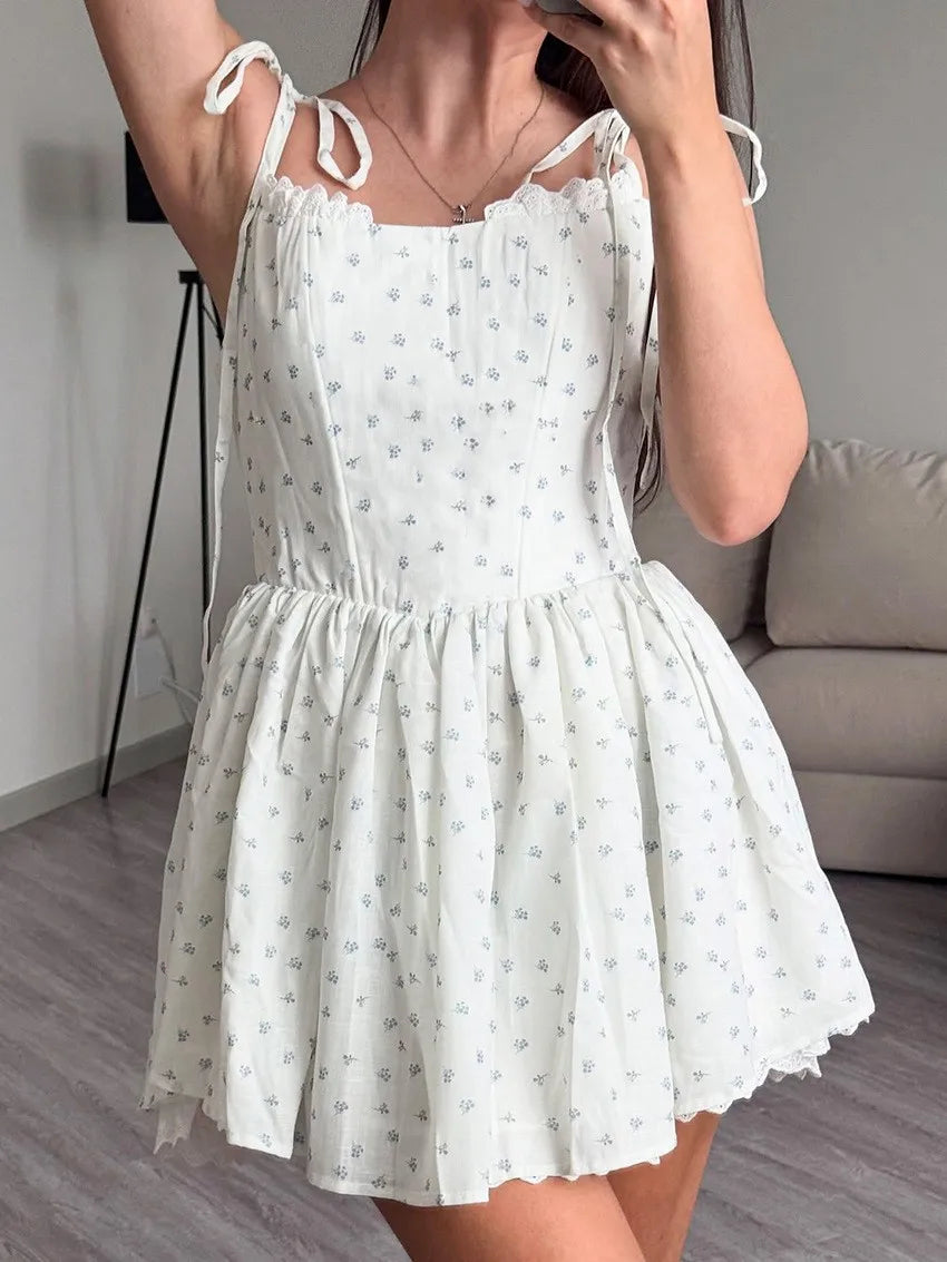 Floral Square Neck Sleeveless Bodycon Pleated Mini Dress