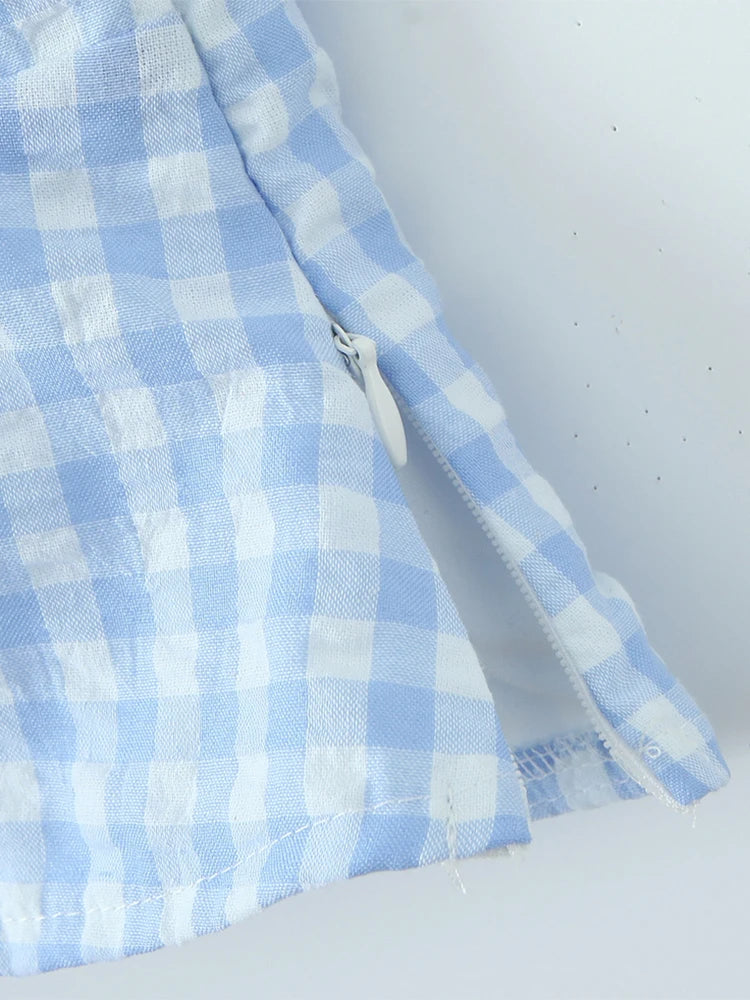 Women New Fashion Sweet Plaid Chic Lace Patchwork French Square Collar Backless Top