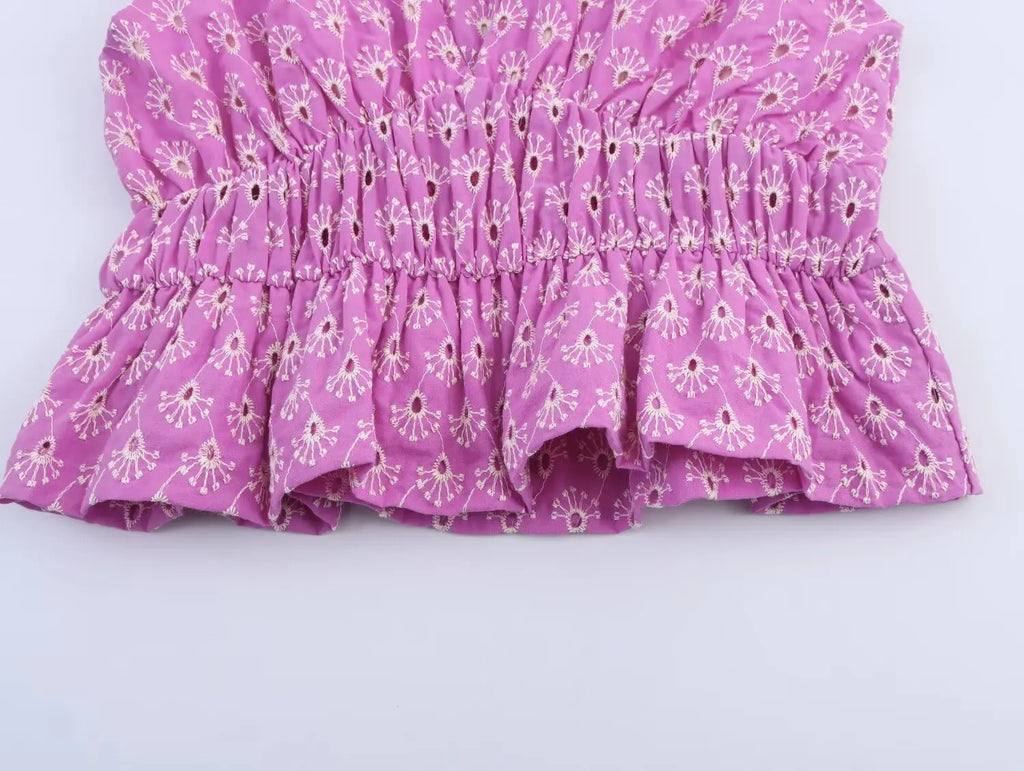 V-neck Sleeveless Embroidery Hollow Out Elastic Waist Crop Top