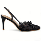 Butterfly Knot Lace Shingback Sandals With Buckle Strap Pointed Toe Slim Heels