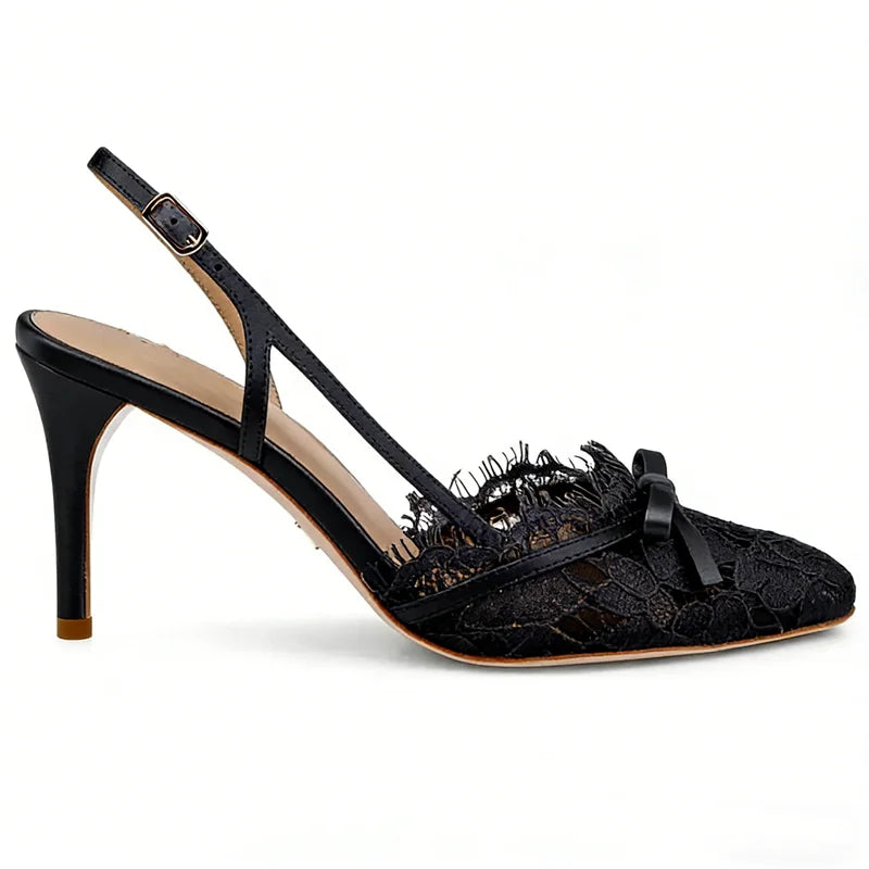 Butterfly Knot Lace Shingback Sandals With Buckle Strap Pointed Toe Slim Heels