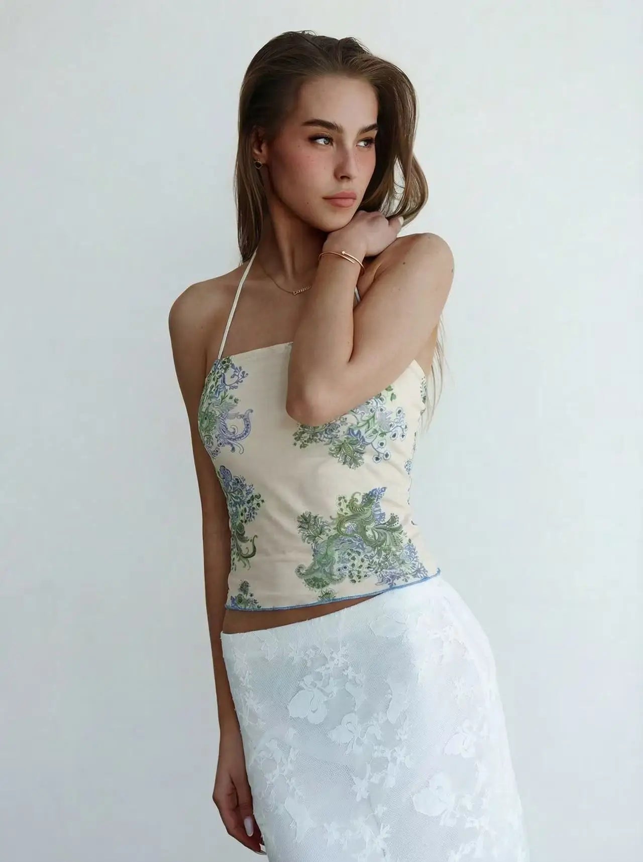 Cozy Knit Crop Top With Allover Print And Backless Tie Accent