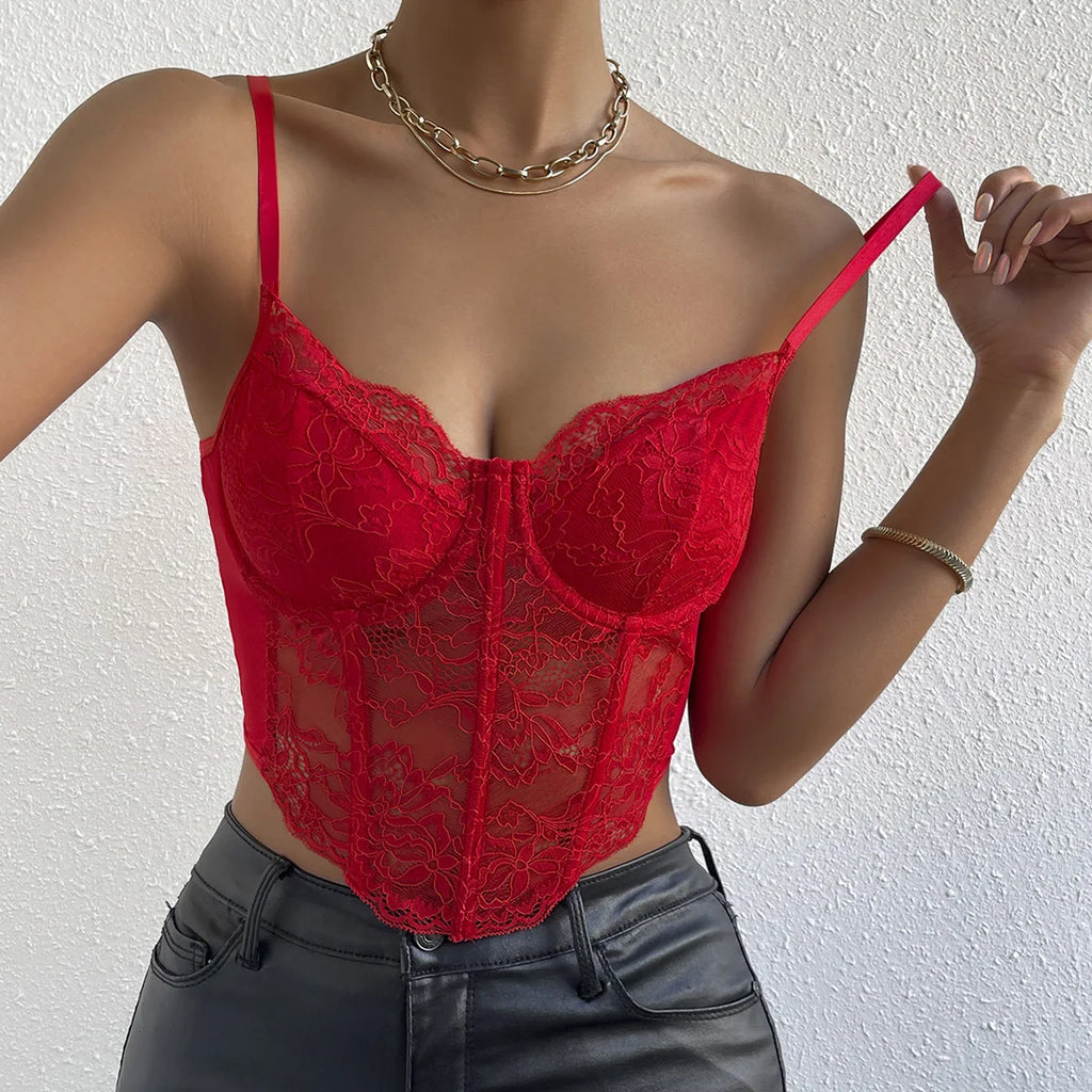Red Lace Underwire Corset Crop Top Backless V Neck Elegance