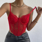 Red Lace Underwire Corset Crop Top Backless V Neck Elegance