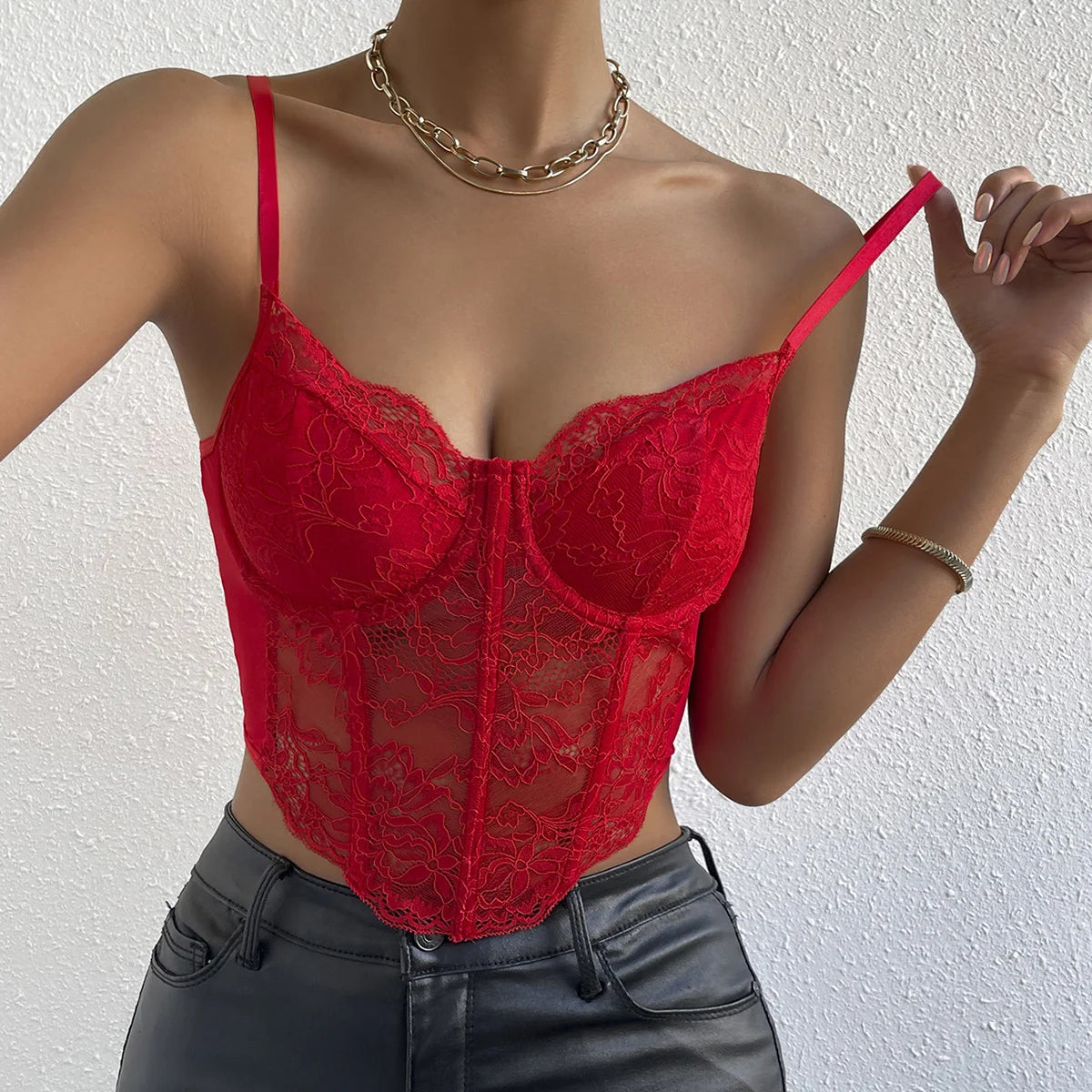 Red Lace Underwire Corset Crop Top Backless V Neck Elegance