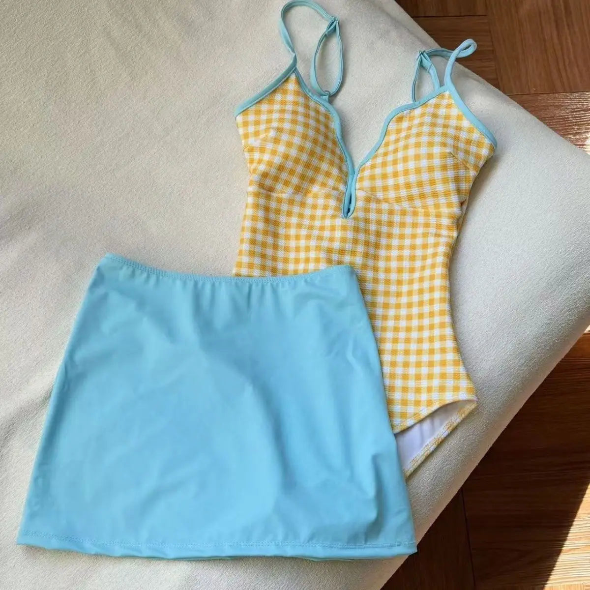 Sunny Gingham Spaghetti Strap V Neck One Piece Swimsuit With Lace Up Detailing And Light Blue Cover Up Skirt